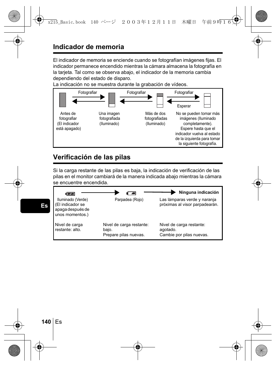 Verificación de las pilas, 140 es es | Olympus X-350 en User Manual | Page 140 / 180