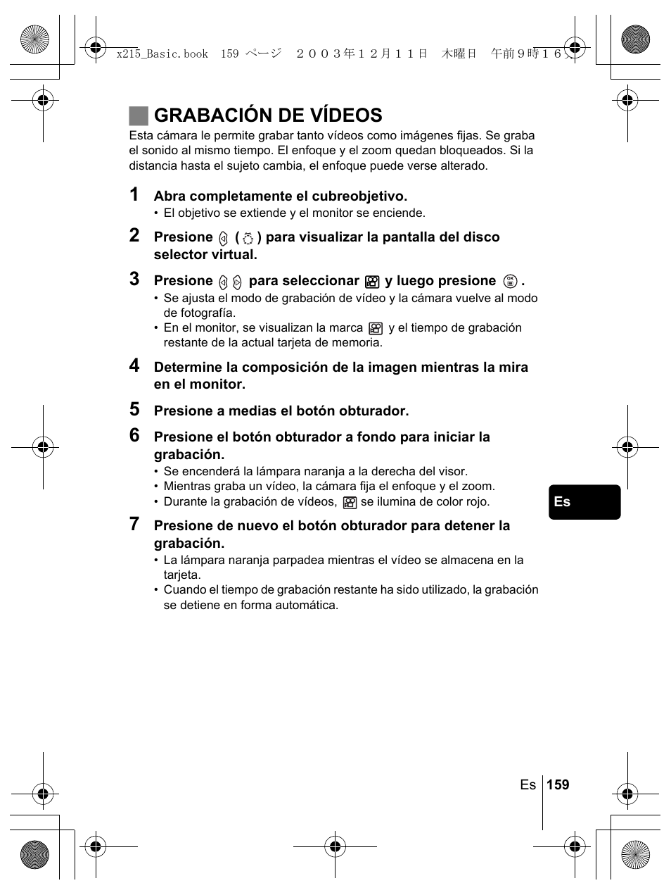 Jgrabación de vídeos | Olympus X-350 en User Manual | Page 159 / 180