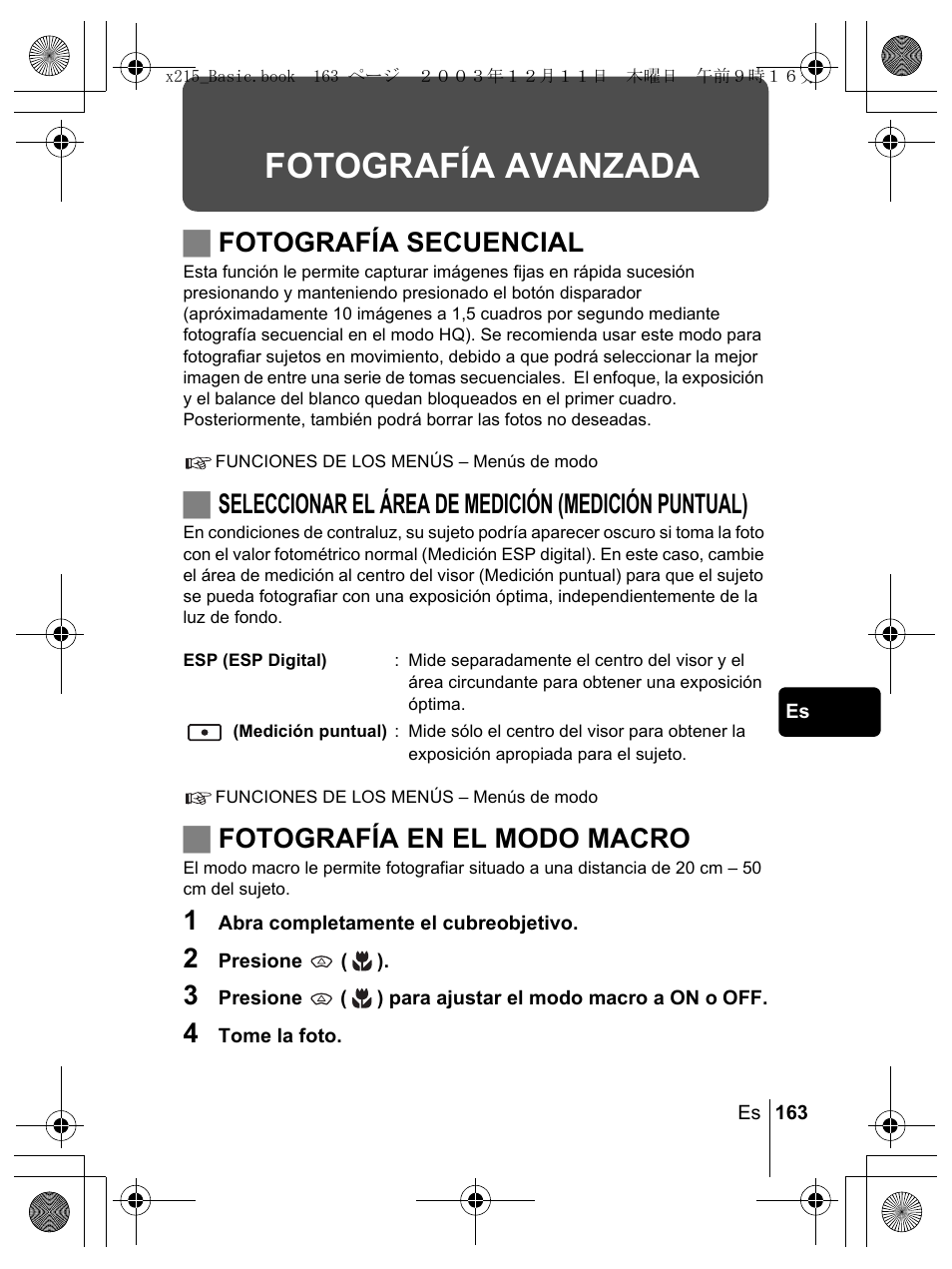 Fotografía avanzada, Jfotografía secuencial, Jfotografía en el modo macro | Olympus X-350 en User Manual | Page 163 / 180