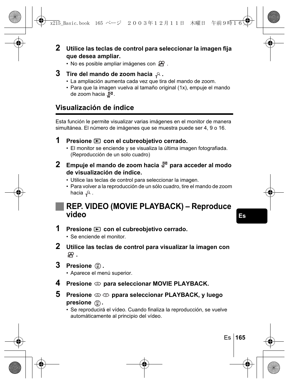 Jrep. video (movie playback) – reproduce video 1 | Olympus X-350 en User Manual | Page 165 / 180