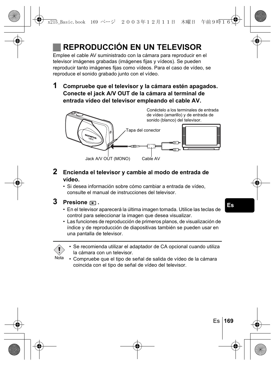 Jreproducción en un televisor | Olympus X-350 en User Manual | Page 169 / 180