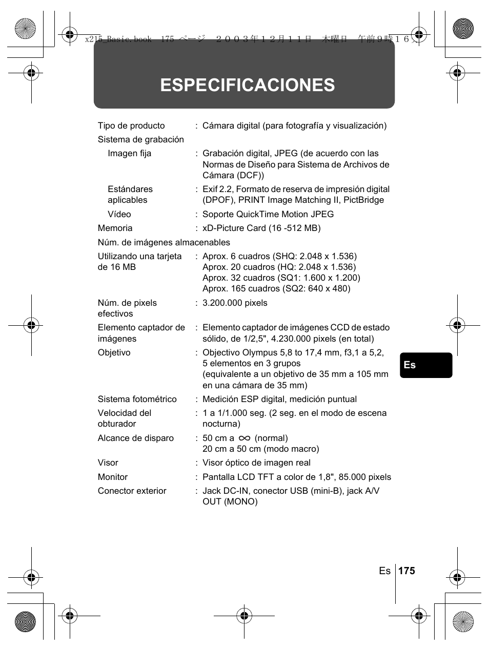Especificaciones | Olympus X-350 en User Manual | Page 175 / 180