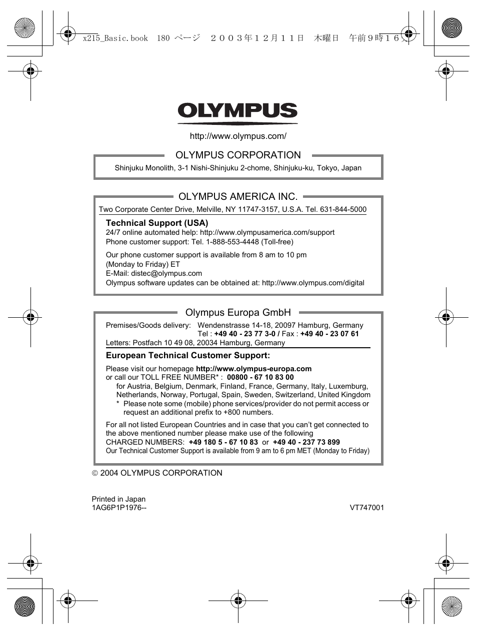 Olympus corporation, Olympus america inc, Olympus europa gmbh | Olympus X-350 en User Manual | Page 180 / 180