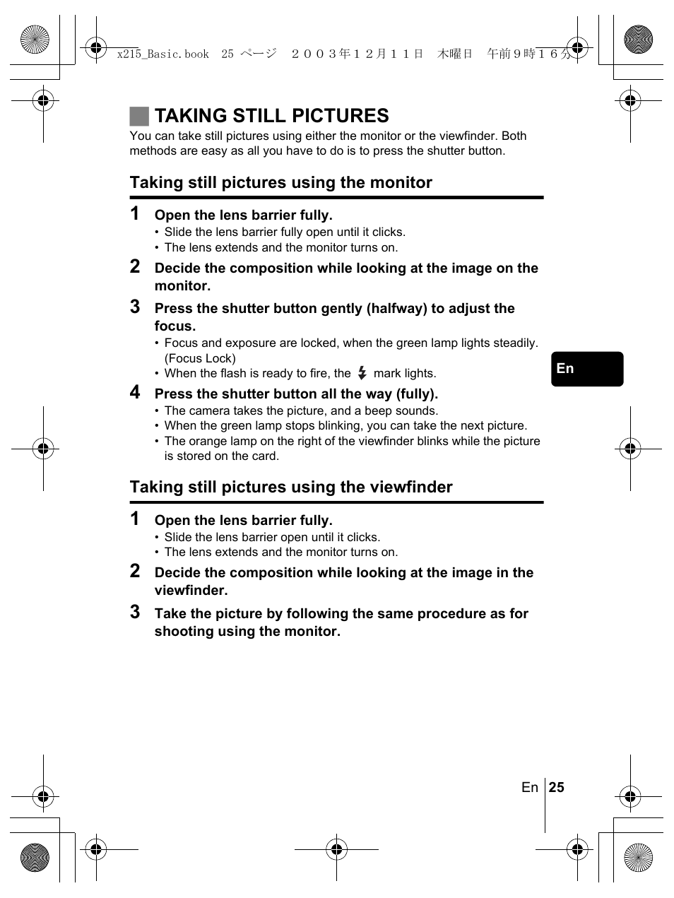 Jtaking still pictures | Olympus X-350 en User Manual | Page 25 / 180