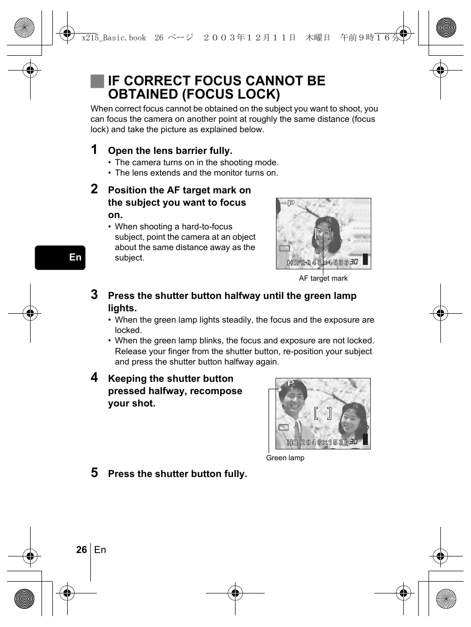 Jif correct focus cannot be obtained (focus lock) | Olympus X-350 en User Manual | Page 26 / 180