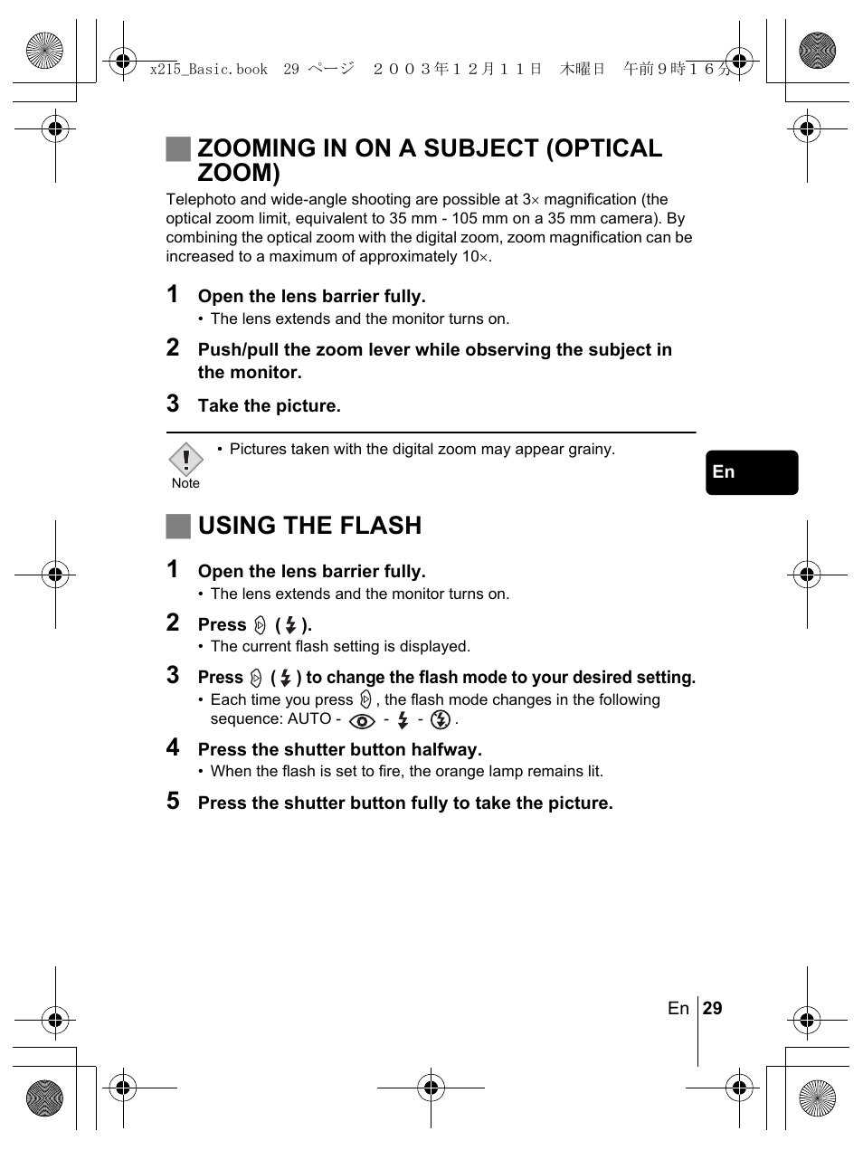 Jzooming in on a subject (optical zoom), Jusing the flash 1 | Olympus X-350 en User Manual | Page 29 / 180