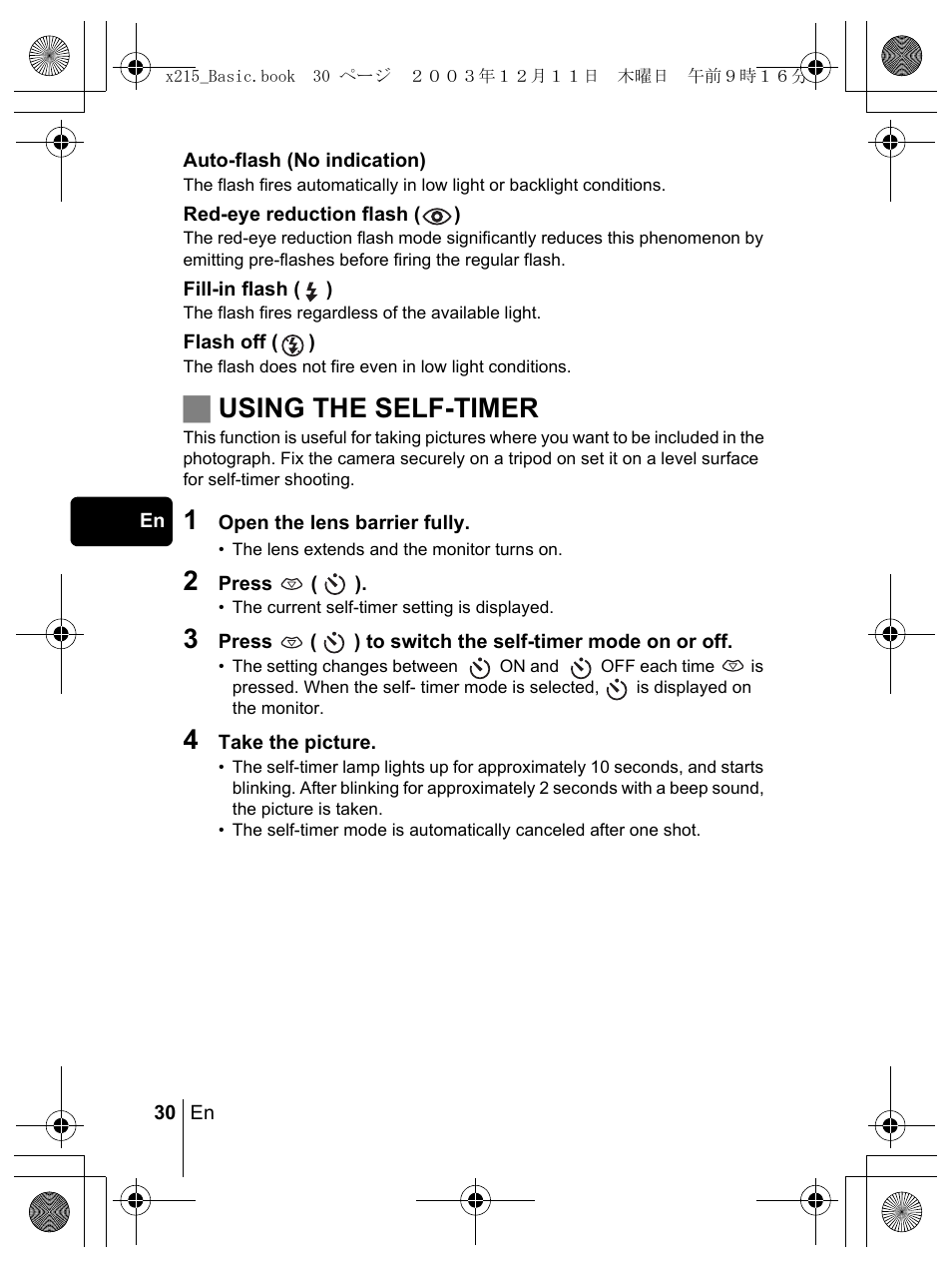Jusing the self-timer | Olympus X-350 en User Manual | Page 30 / 180