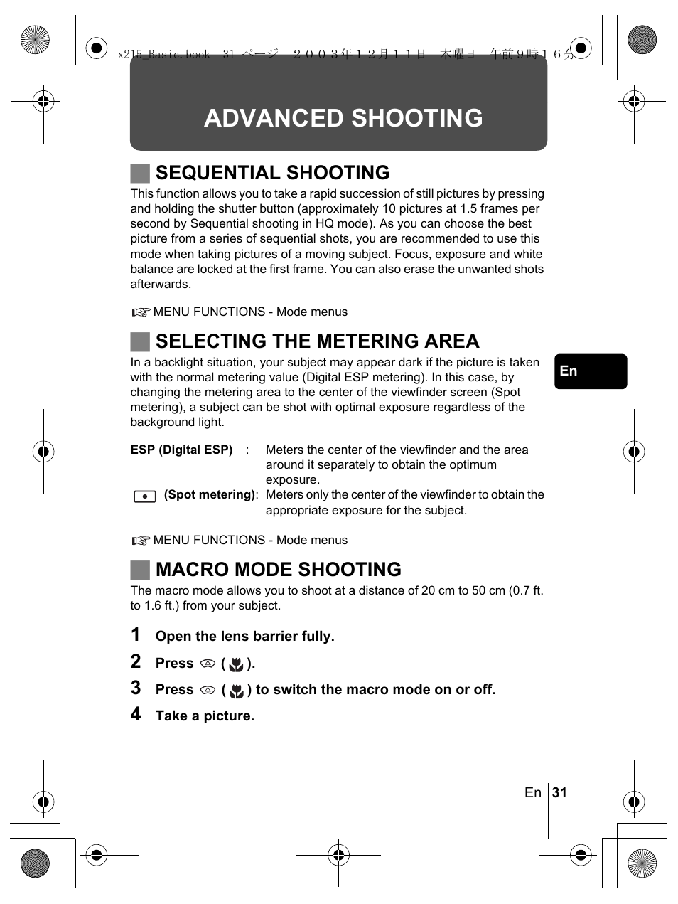 Advanced shooting, Jsequential shooting, Jselecting the metering area | Jmacro mode shooting | Olympus X-350 en User Manual | Page 31 / 180