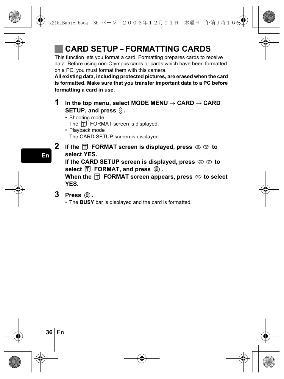 Jcard setup – formatting cards | Olympus X-350 en User Manual | Page 36 / 180