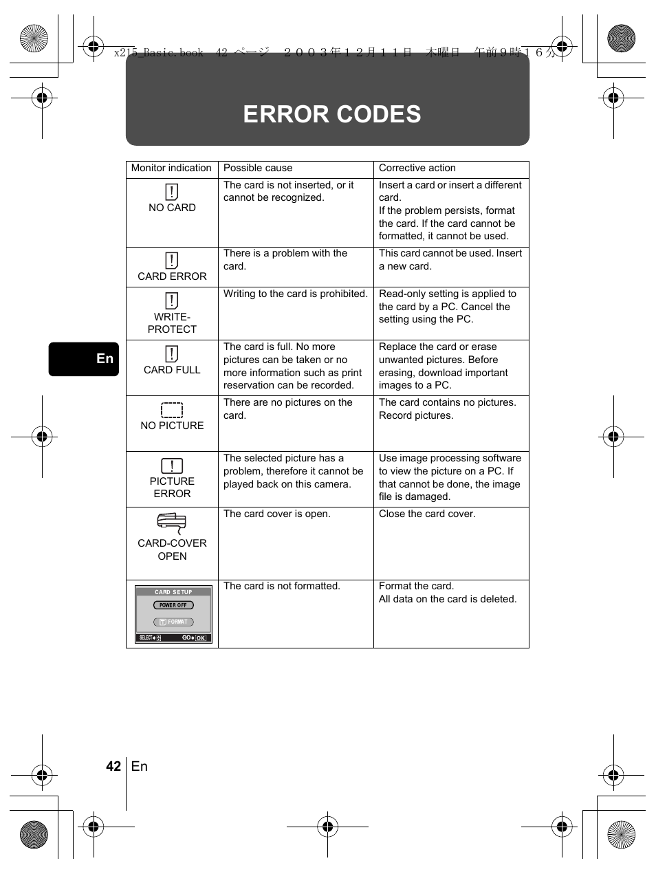 Error codes, 42 en en | Olympus X-350 en User Manual | Page 42 / 180
