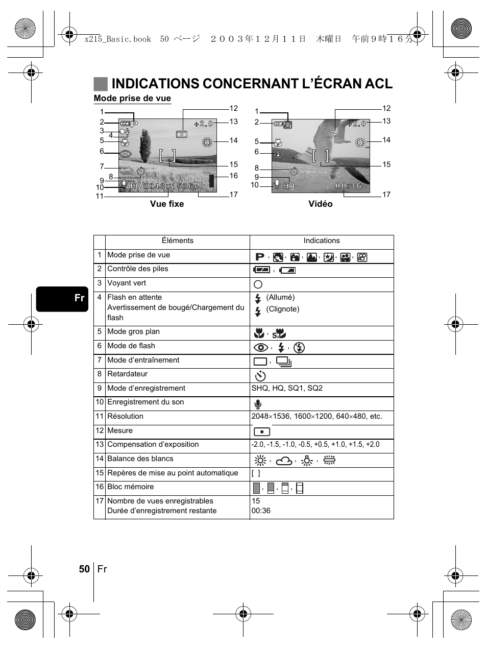 Jindications concernant l’écran acl, 50 fr fr | Olympus X-350 en User Manual | Page 50 / 180