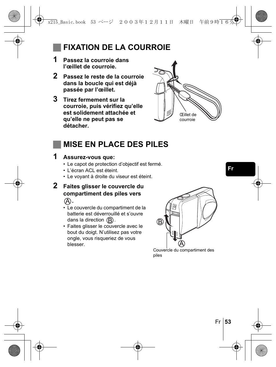 Jfixation de la courroie 1, Jmise en place des piles 1 | Olympus X-350 en User Manual | Page 53 / 180