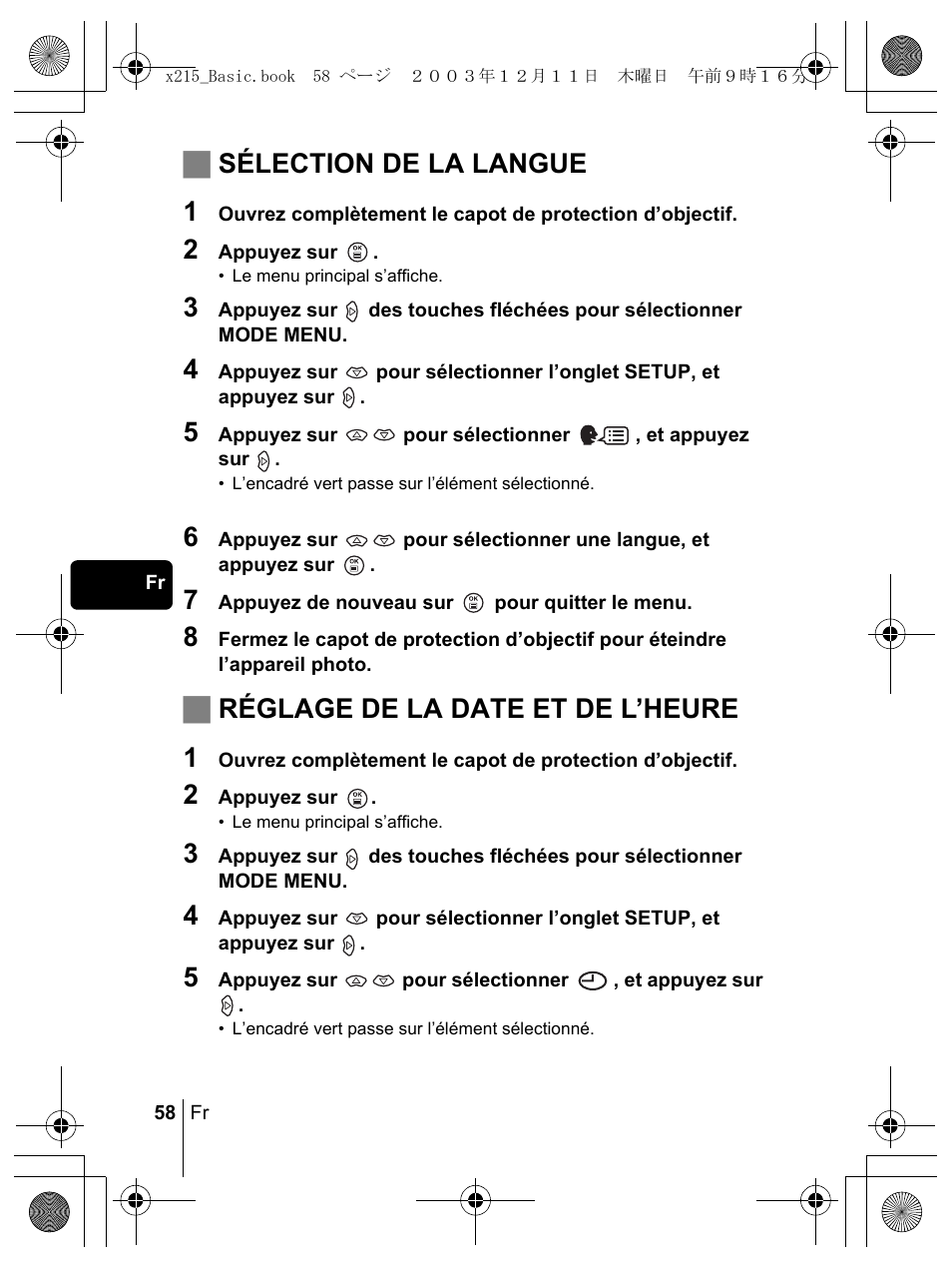 Jsélection de la langue 1, Jréglage de la date et de l’heure 1 | Olympus X-350 en User Manual | Page 58 / 180