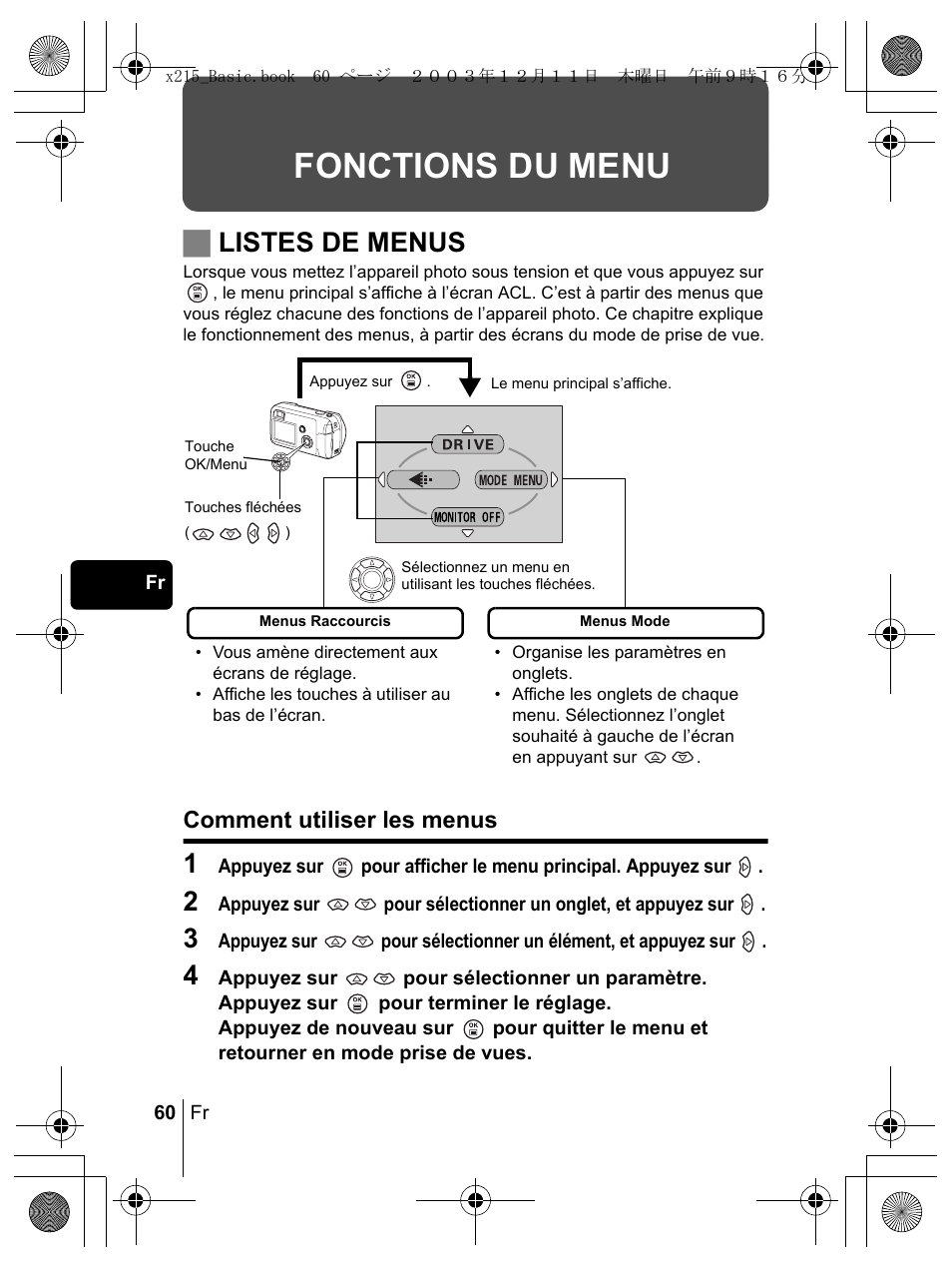 Fonctions du menu, Jlistes de menus, Comment utiliser les menus | Olympus X-350 en User Manual | Page 60 / 180