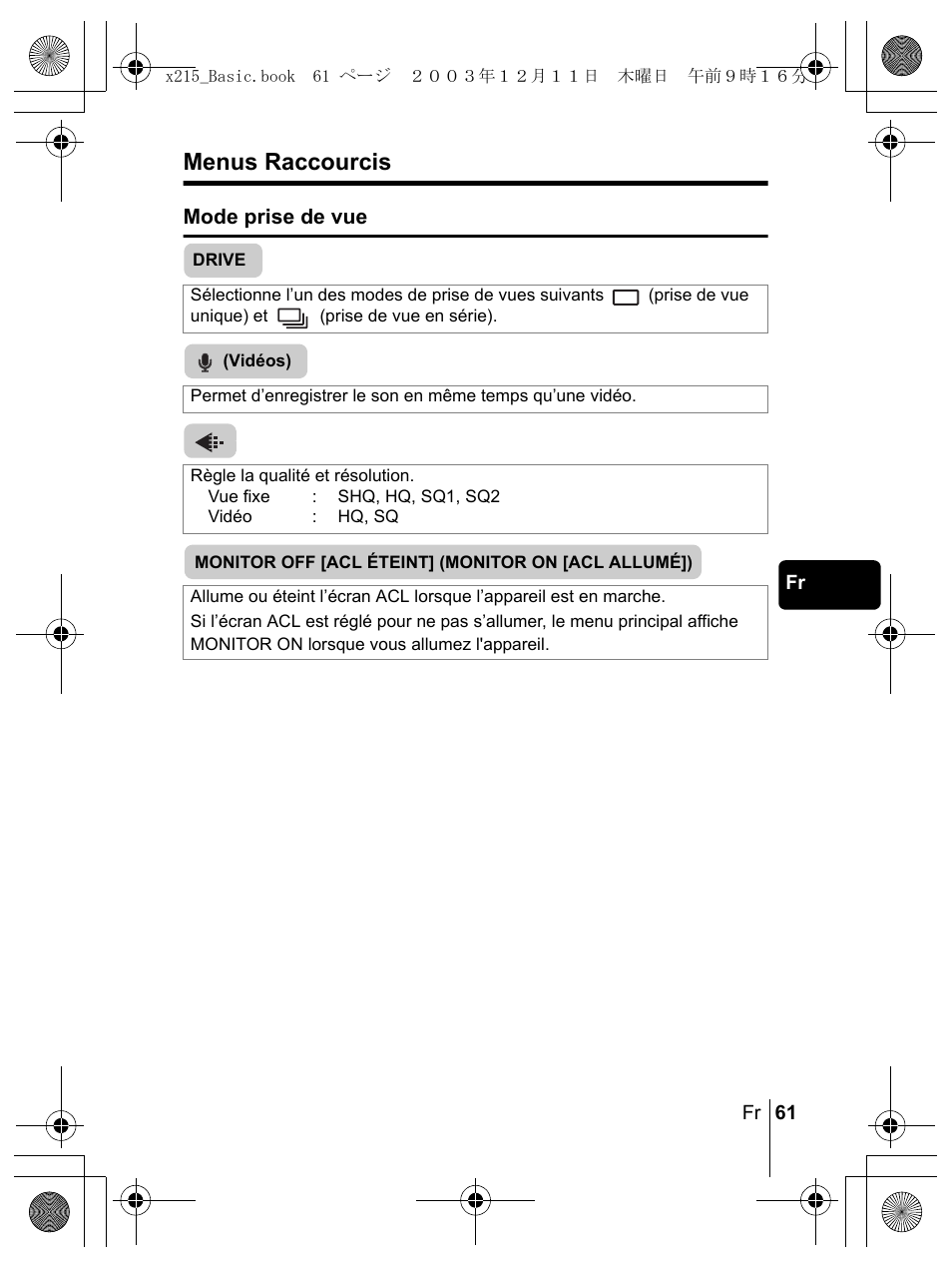 Menus raccourcis | Olympus X-350 en User Manual | Page 61 / 180