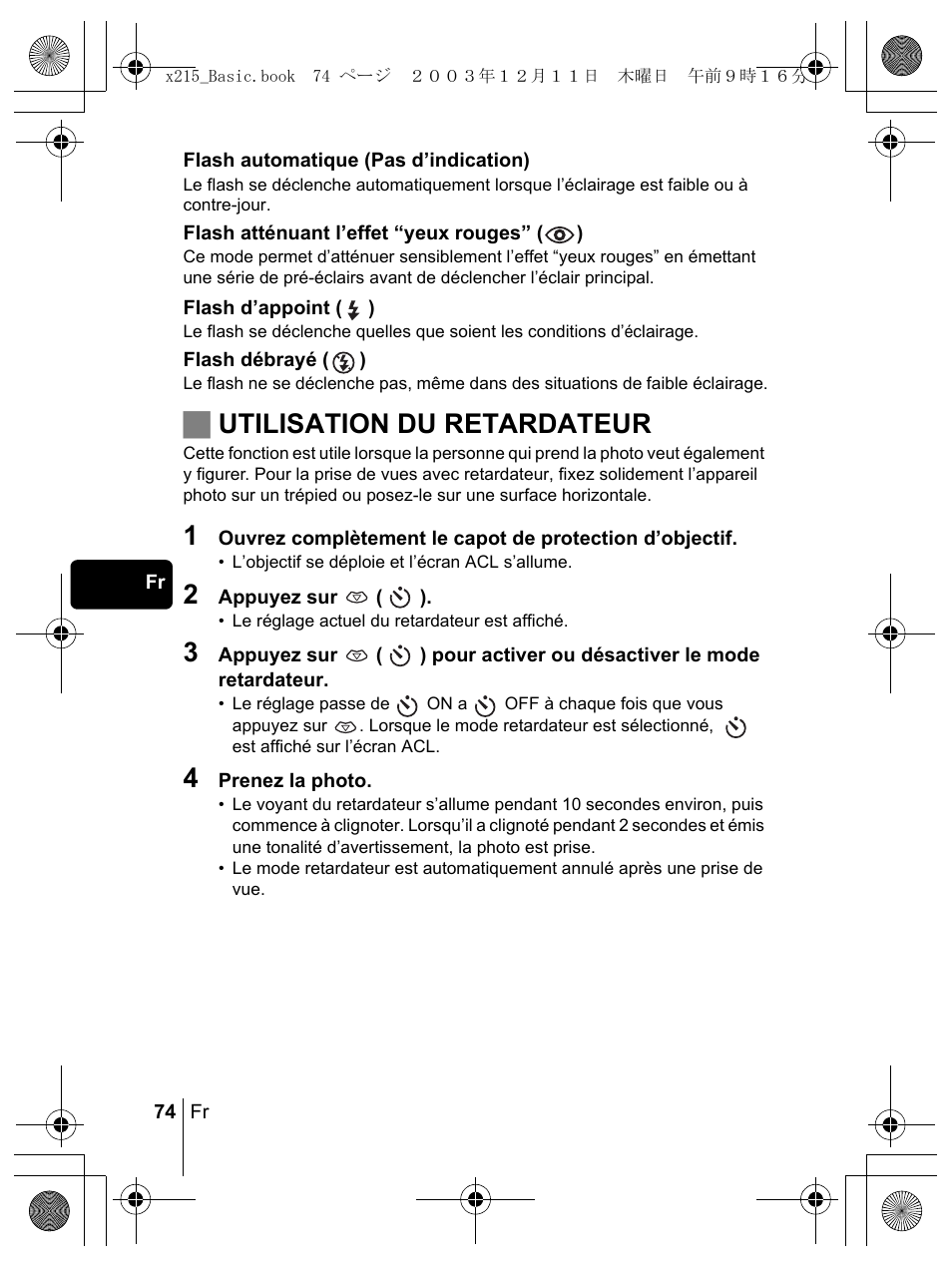 Jutilisation du retardateur | Olympus X-350 en User Manual | Page 74 / 180