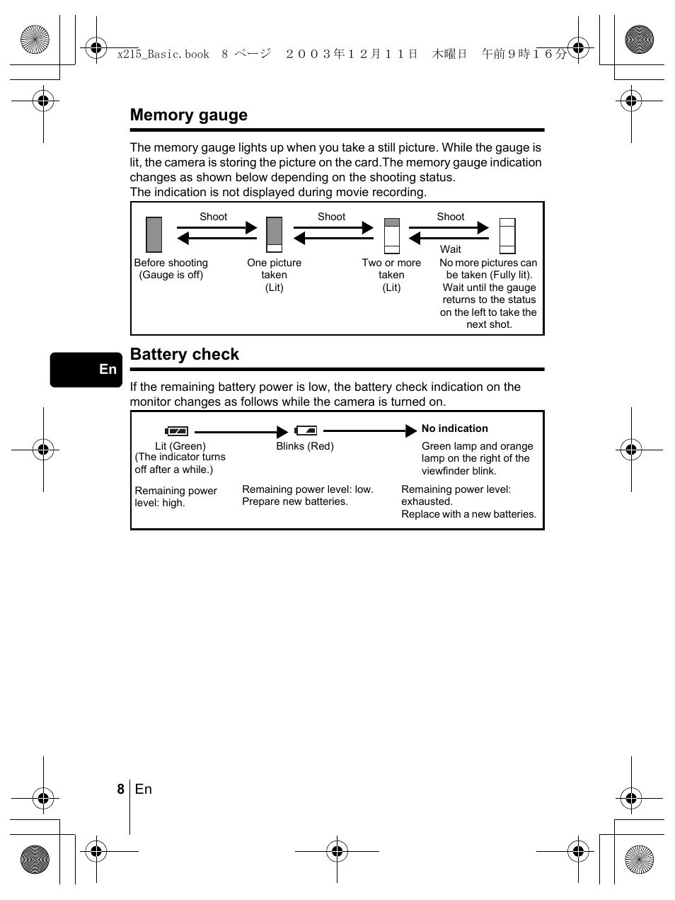 Battery check, 8 en en | Olympus X-350 en User Manual | Page 8 / 180
