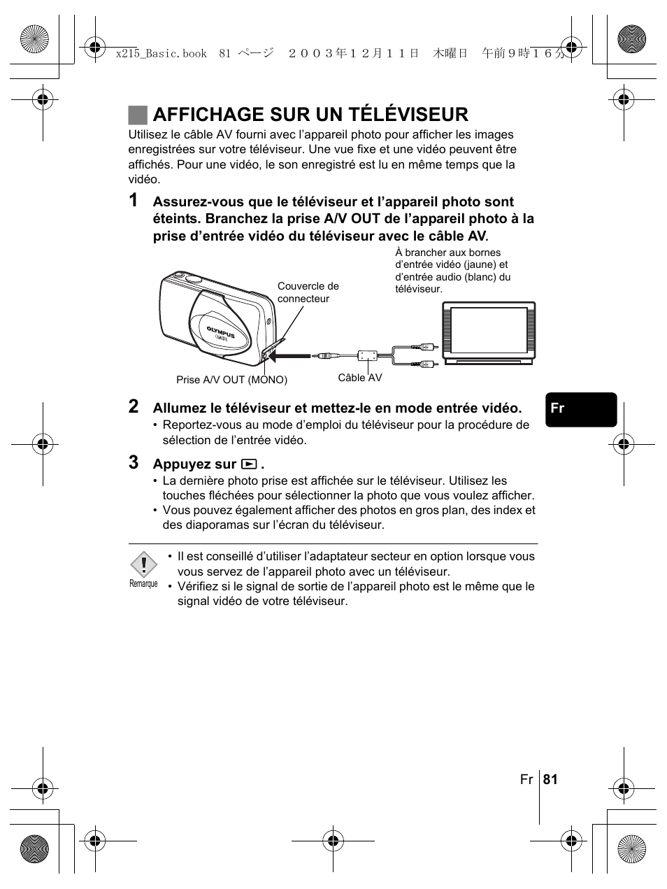 Jaffichage sur un téléviseur | Olympus X-350 en User Manual | Page 81 / 180