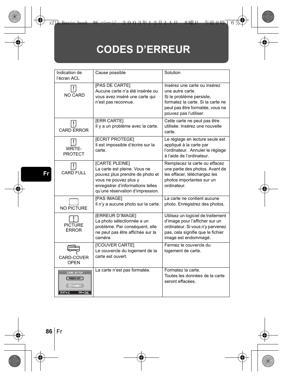 Codes d’erreur, 86 fr fr | Olympus X-350 en User Manual | Page 86 / 180