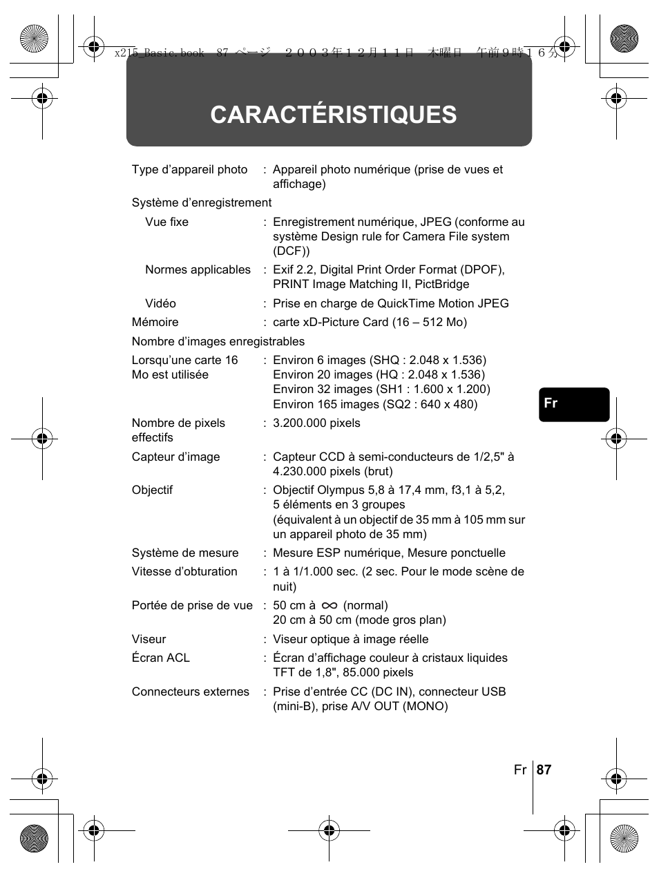 Caractéristiques | Olympus X-350 en User Manual | Page 87 / 180