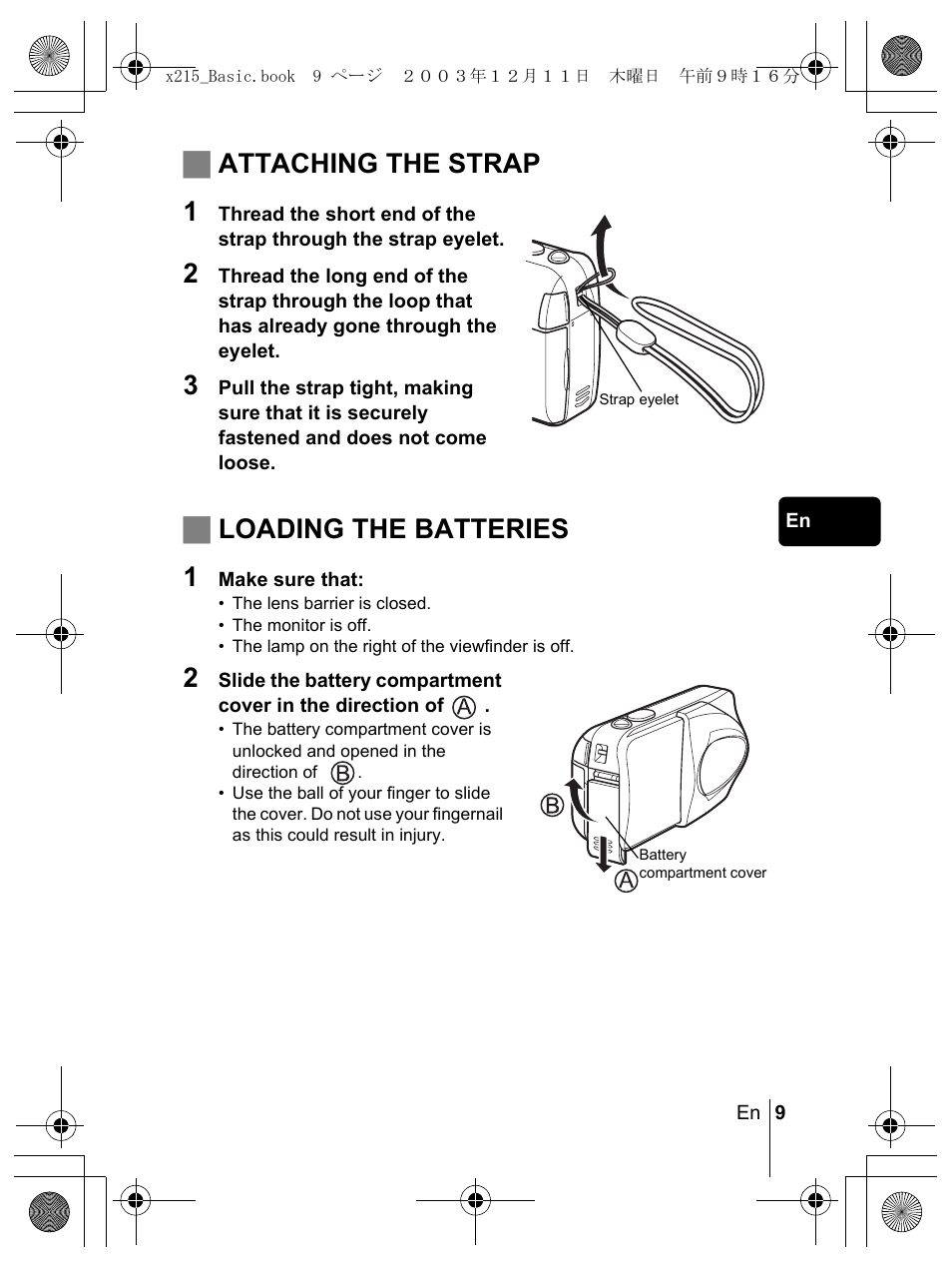 Jattaching the strap 1, Jloading the batteries 1 | Olympus X-350 en User Manual | Page 9 / 180