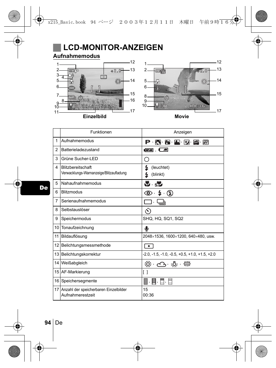 Jlcd-monitor-anzeigen, 94 de de | Olympus X-350 en User Manual | Page 94 / 180
