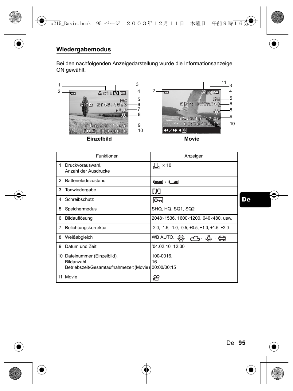 De de 95 wiedergabemodus | Olympus X-350 en User Manual | Page 95 / 180