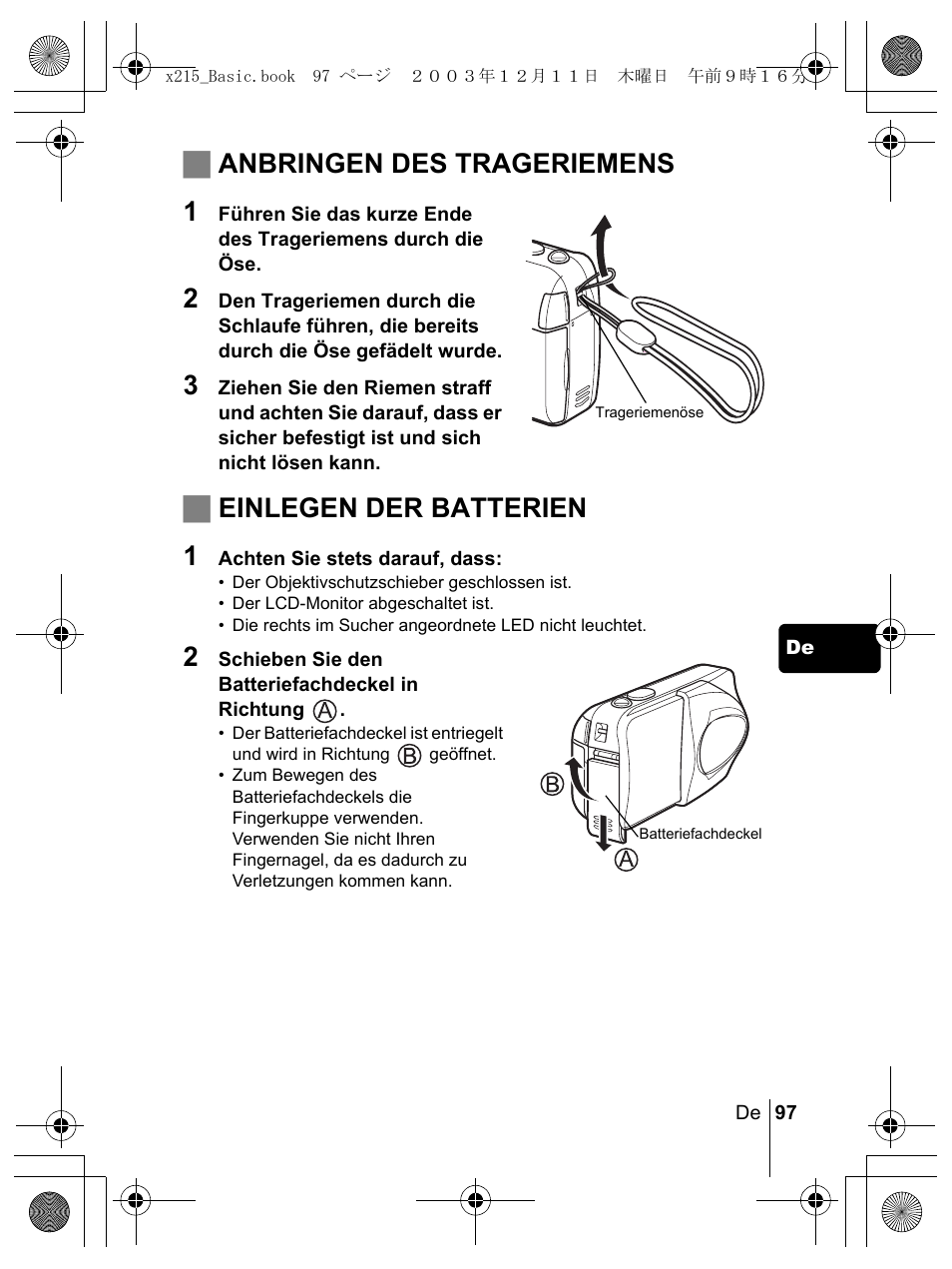Janbringen des trageriemens 1, Jeinlegen der batterien 1 | Olympus X-350 en User Manual | Page 97 / 180