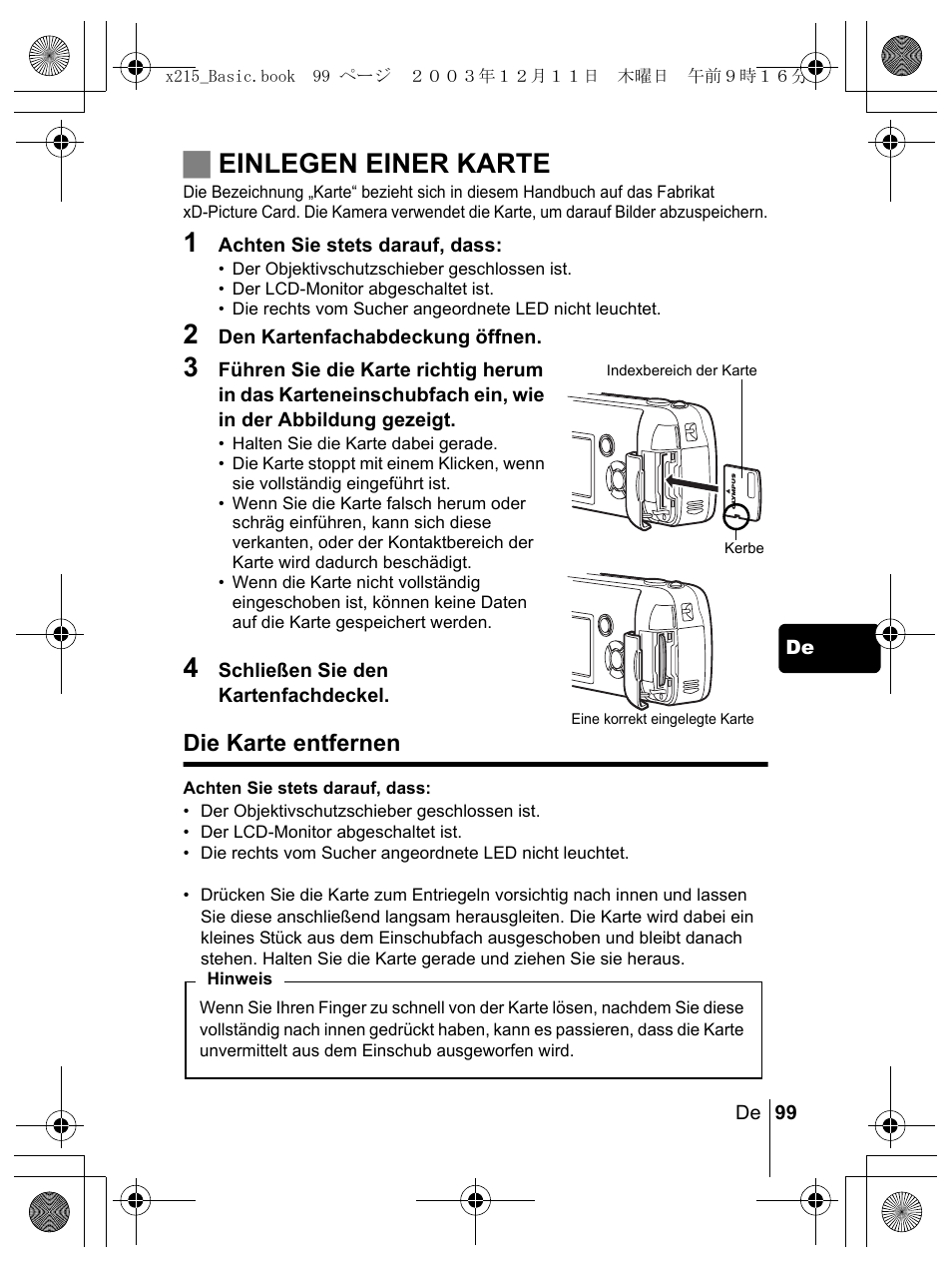 Jeinlegen einer karte, Die karte entfernen | Olympus X-350 en User Manual | Page 99 / 180