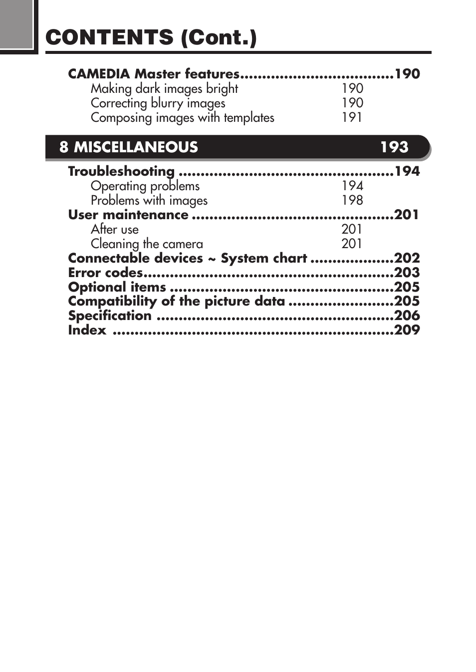 Contents (cont.) | Olympus C-2100 User Manual | Page 10 / 212