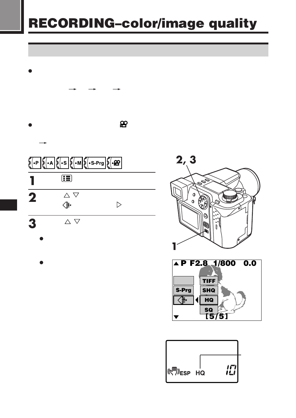 Recording–color/image quality, Setting the record mode tiff shq hq sq | Olympus C-2100 User Manual | Page 104 / 212