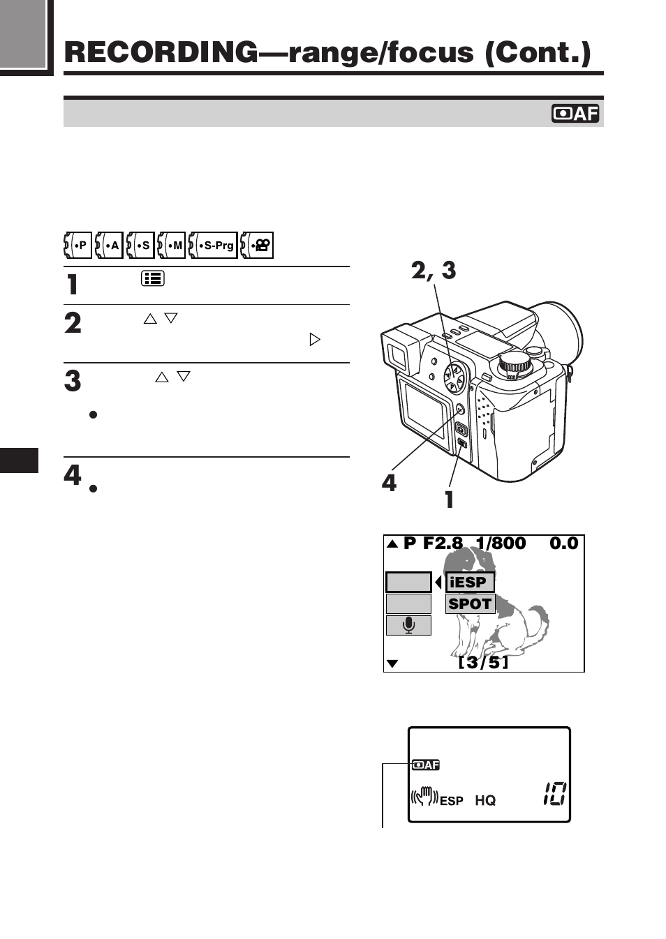 Recording—range/focus (cont.), Selecting the focus range (af mode) | Olympus C-2100 User Manual | Page 96 / 212