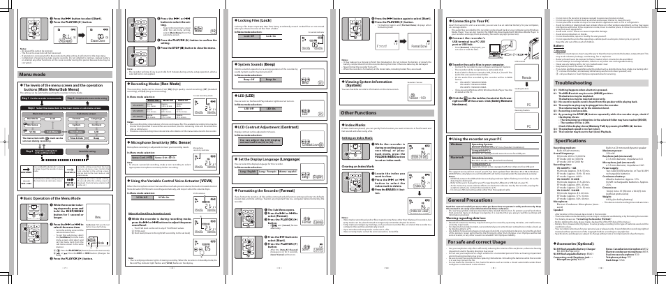 Other functions, For safe and correct usage, Menu mode | General precautions, Troubleshooting, Specifications, Hviewing system information [ system, Hindex marks, Hrecording modes [ rec mode, Hbasic operation of the menu mode | Olympus VN-6200PC User Manual | Page 2 / 2