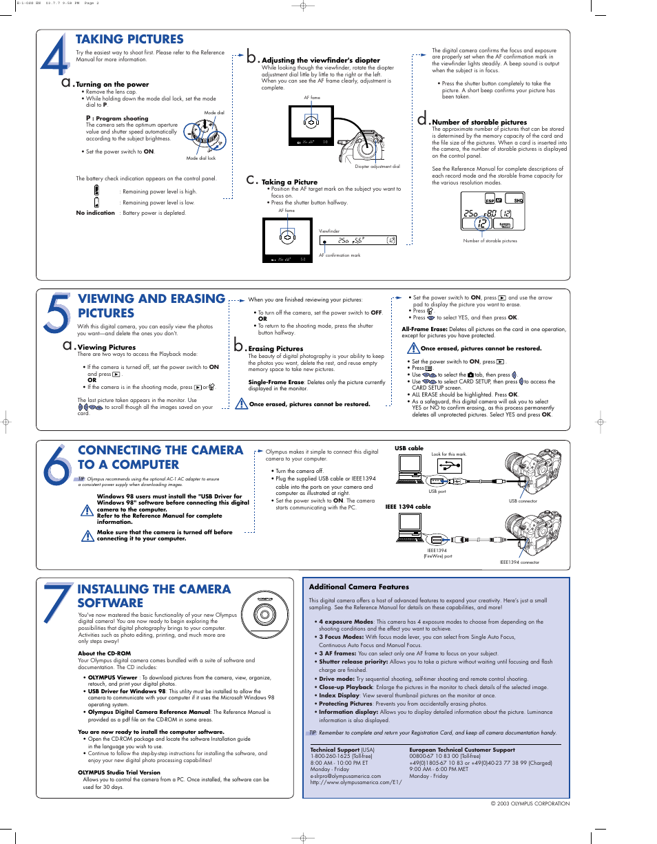 A. c, A. b, Taking pictures | Viewing and erasing pictures, Connecting the camera to a computer, Installing the camera software | Olympus VT429101 User Manual | Page 2 / 2