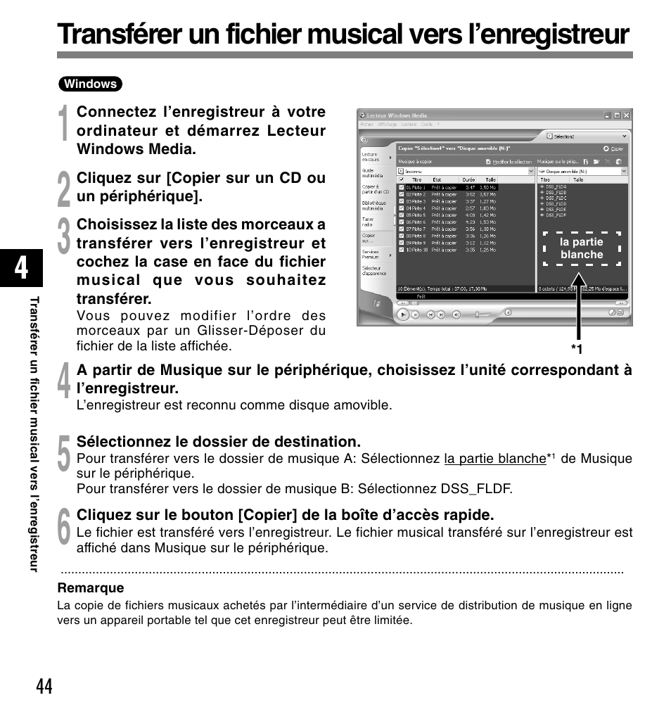 Transférer un fichier musical vers l’enregistreur | Olympus DM-20 User Manual | Page 106 / 188