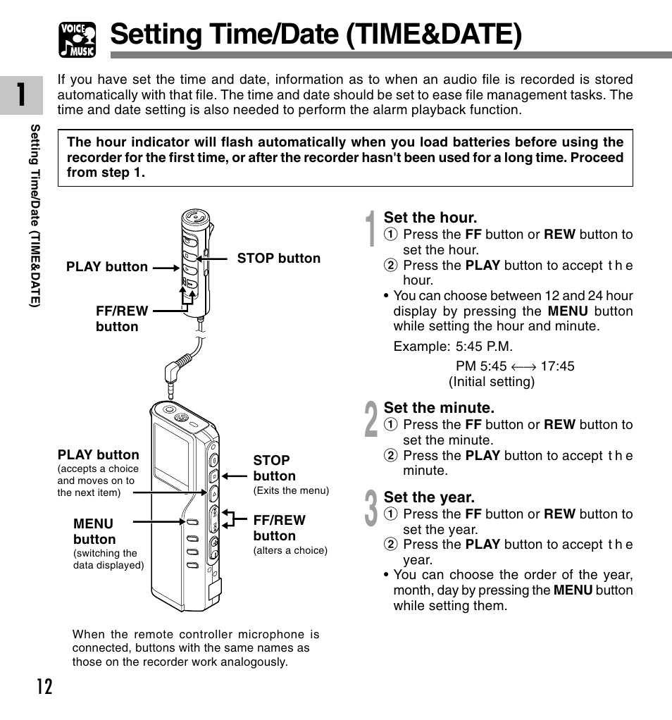 Setting time/date (time&date) | Olympus DM-20 User Manual | Page 12 / 188