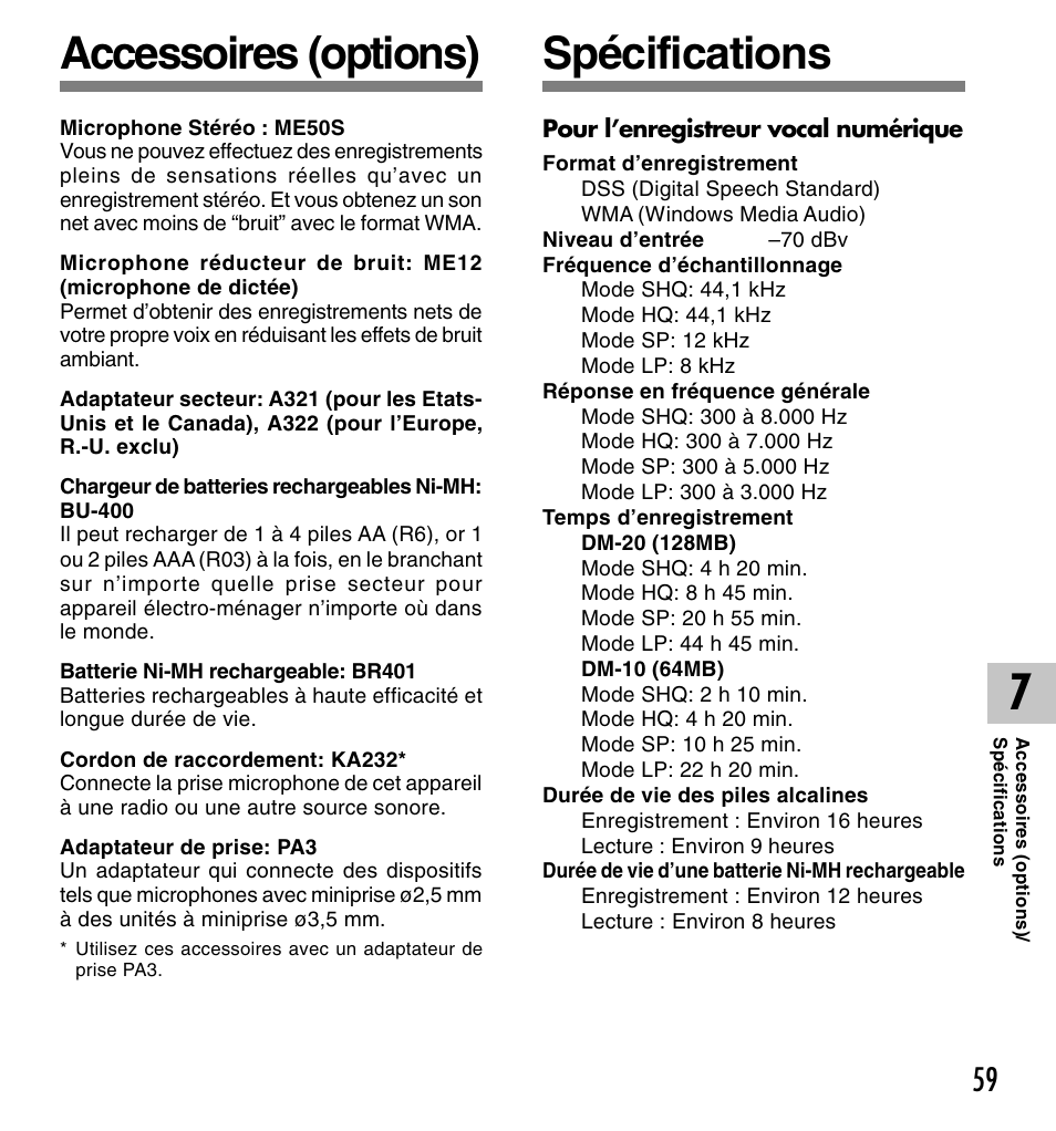 Accessoires (options), Spécifications | Olympus DM-20 User Manual | Page 121 / 188