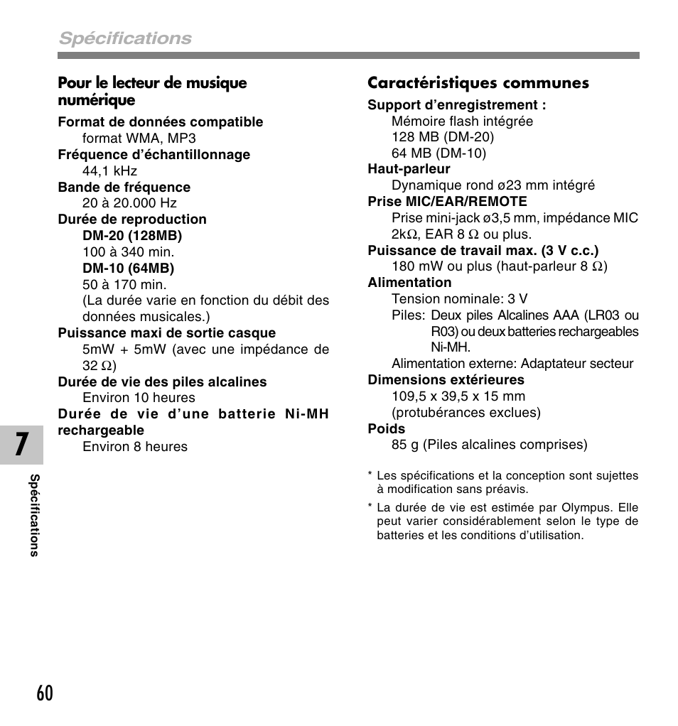 Spécifications | Olympus DM-20 User Manual | Page 122 / 188
