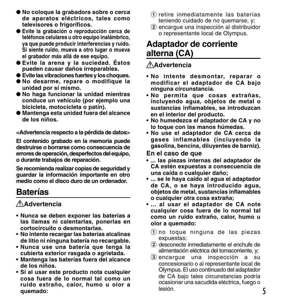 5baterías, Adaptador de corriente alterna (ca) | Olympus DM-20 User Manual | Page 129 / 188