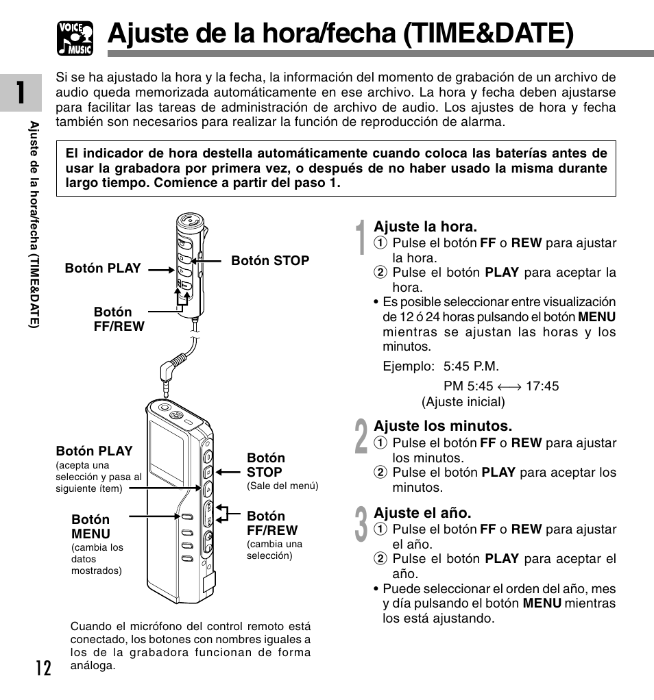 Ajuste de la hora/fecha (time&date) | Olympus DM-20 User Manual | Page 136 / 188