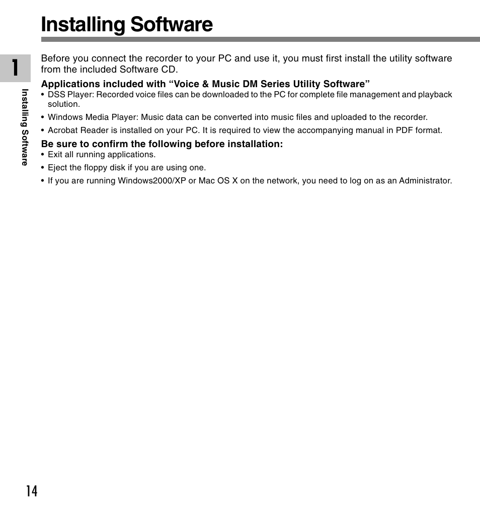 Installing software | Olympus DM-20 User Manual | Page 14 / 188