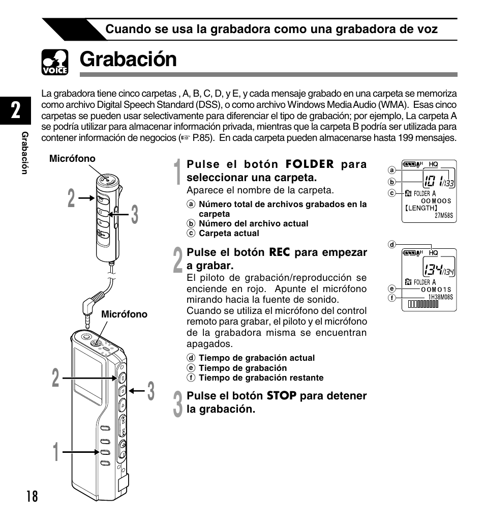 Grabación | Olympus DM-20 User Manual | Page 142 / 188