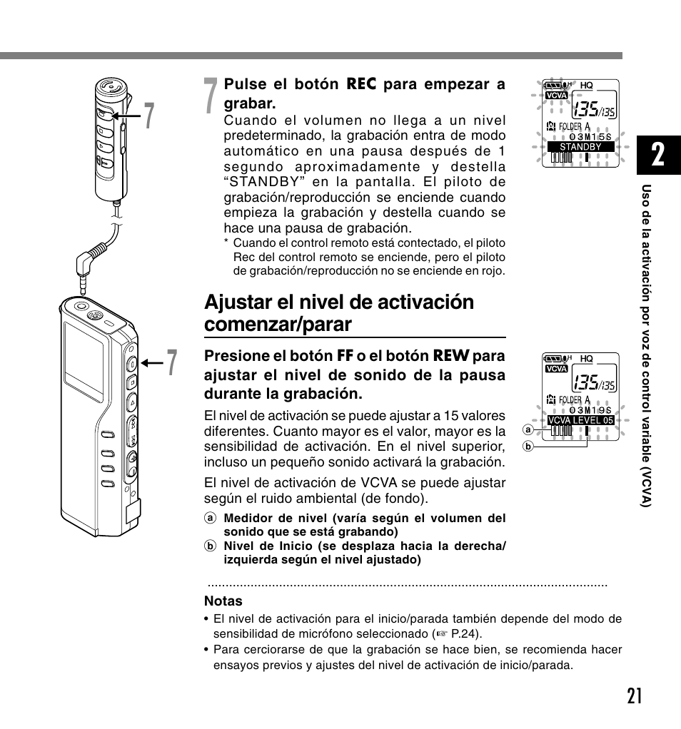 Ajustar el nivel de activación comenzar/parar | Olympus DM-20 User Manual | Page 145 / 188