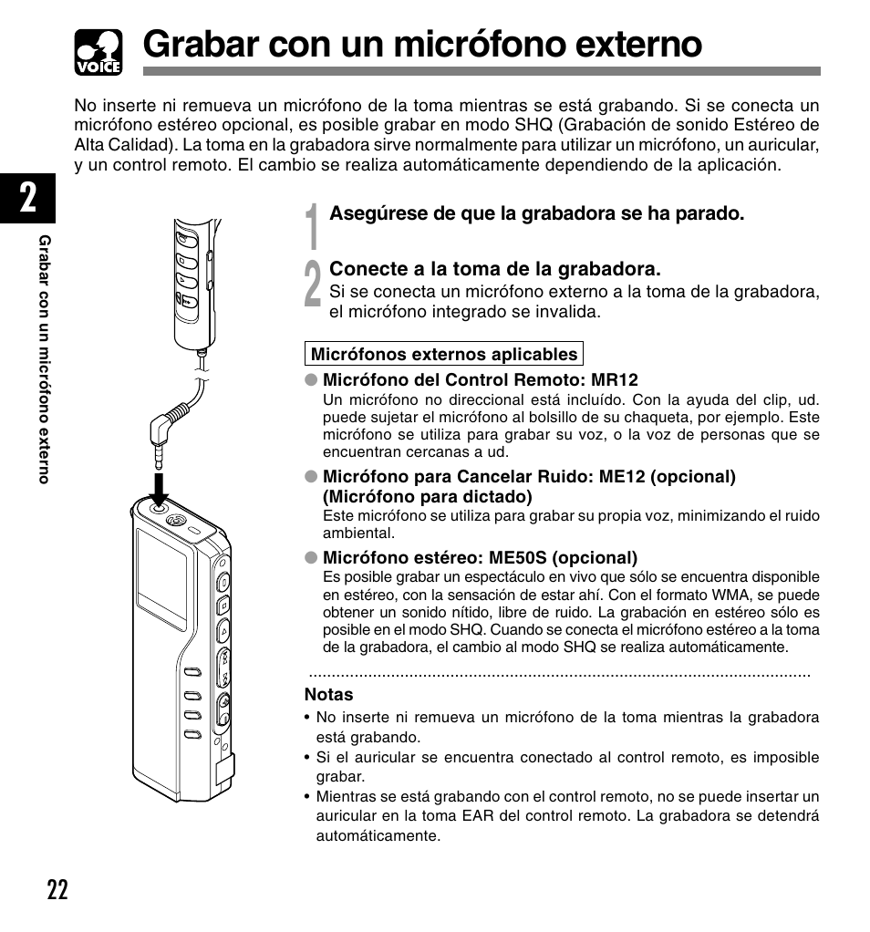 Grabar con un micrófono externo | Olympus DM-20 User Manual | Page 146 / 188