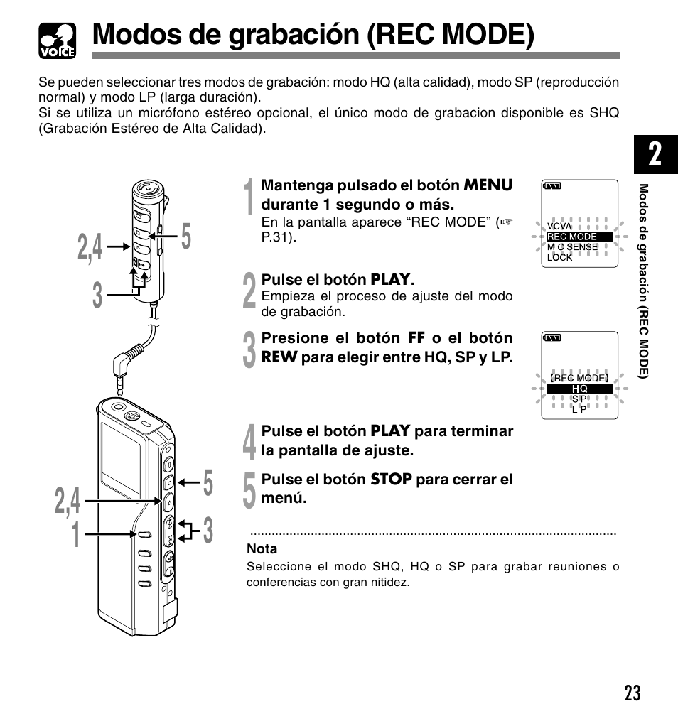 Modos de grabación (rec mode) | Olympus DM-20 User Manual | Page 147 / 188