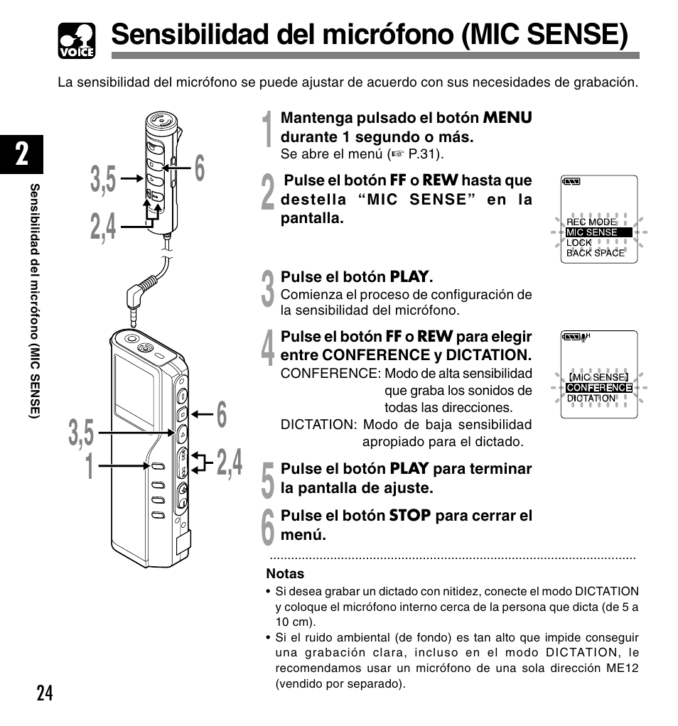 Sensibilidad del micrófono (mic sense) | Olympus DM-20 User Manual | Page 148 / 188