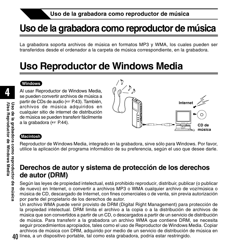 Uso de la grabadora como reproductor de música, Uso reproductor de windows media | Olympus DM-20 User Manual | Page 164 / 188