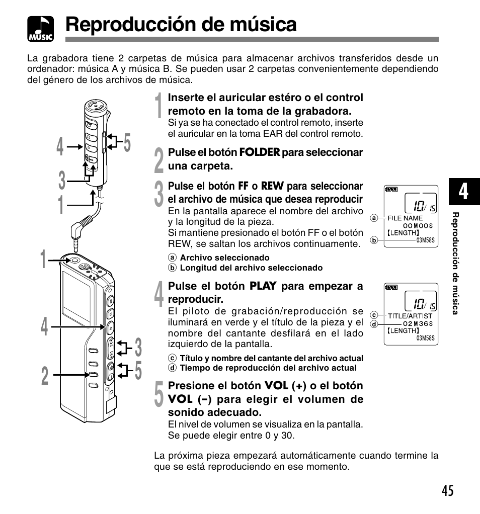 Reproducción de música | Olympus DM-20 User Manual | Page 169 / 188