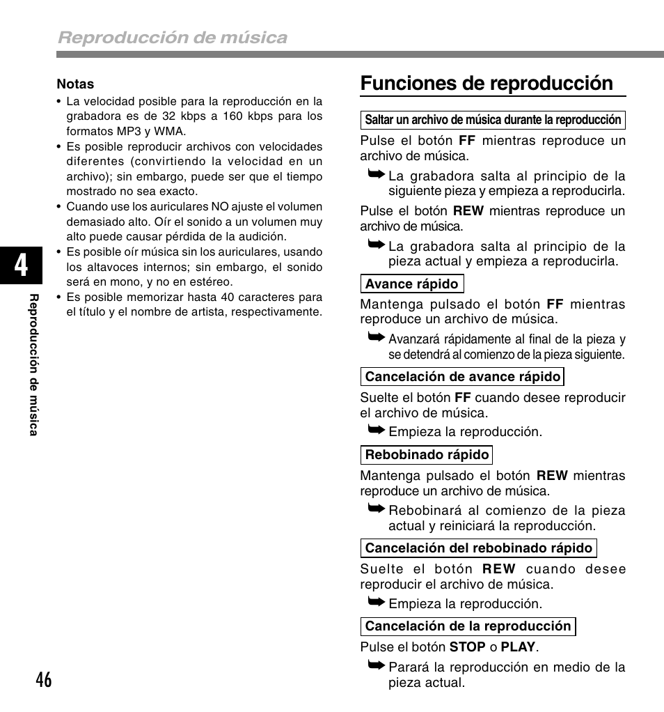 Funciones de reproducción, Reproducción de música | Olympus DM-20 User Manual | Page 170 / 188