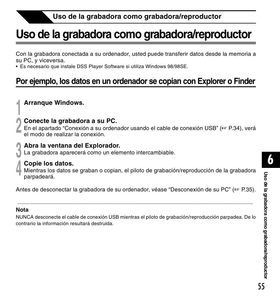 Uso de la grabadora como grabadora/reproductor | Olympus DM-20 User Manual | Page 179 / 188